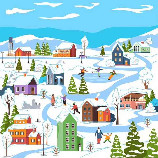 Cityscape Winter City Small Town Houses Streets Covered Snow Park — Stock Vector