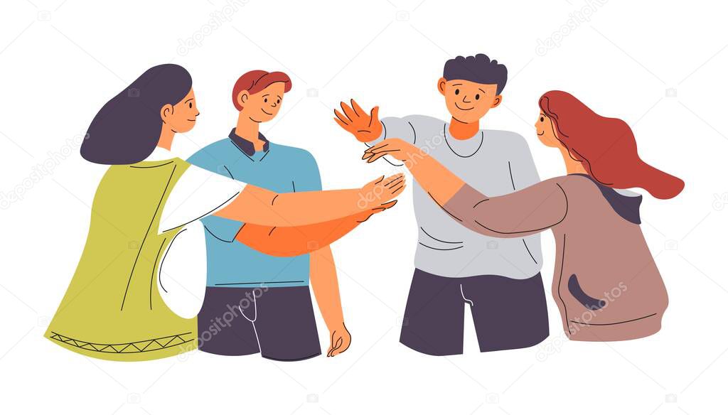 Teenagers friendship and bonds, isolated male and female characters clasping hands. Talking and communicating people, boys and girls gathering and meeting for fun on weekend. Vector in flat style