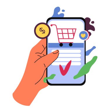 Alış veriş ve ürün almak için telefon kullanarak akıllı telefonu tutarak. Market ya da giysi mağazası, internetten sipariş. Sepetli, tramvaylı ve bozuk paralı bir perde. Düz biçimli vektör