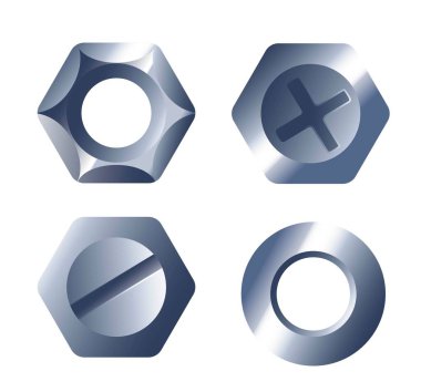 Nesneleri birbirine yakın tutmak ve birbirine bağlamak, onarmak ve tutmak için araçlar ve araçlar. Ayrı cıvatalar ve somunlar, farklı oymalar ve anahtarlar için boyutlarda. Düz biçimli vektör