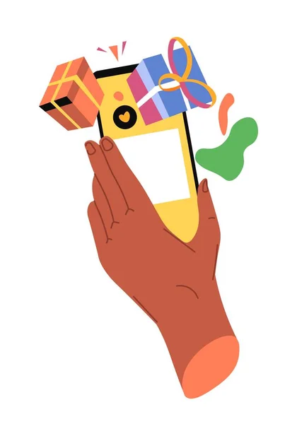 带着礼物的智能手机 带着礼物盒和带子的孤立的手持手机 礼物和竞争 虚拟现实和奖励在网上世界 以平板方式购买向量 — 图库矢量图片