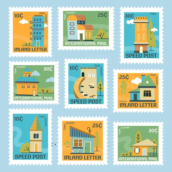 Πολύχρωμο Γραμματόσημο Που Σπίτι Κτίριο Επίπεδο Εσωτερικό Στοιχείο Στη Συλλογή — Διανυσματικό Αρχείο