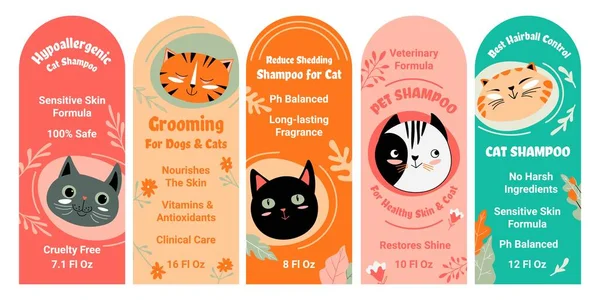 Pacchetto Shampoo Gatti Set Etichette Colorate Collezione Tag Modello Con — Vettoriale Stock