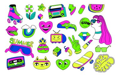 1990 'lardan kalma yamalar veya çıkartmalar, izole edilmiş retro baskılar ve dekorasyon. Müzik seti ve kaset, yaz gözlüğü ve kalp karakteri. Haplar karpuz dilimi, gökkuşağı ve dil. Düz biçimli vektör