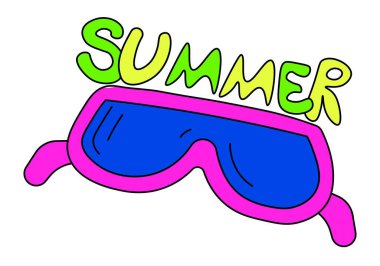 Yaz gözlüğü, giysi için aksesuarlar ve kıyafet tamamlama. Şık ve modaya uygun gözlük süsü, eski moda görünüş. 1990 'ların izole yapıştırması ya da 90' ların yaması, logo parçası. Düz biçimli vektör