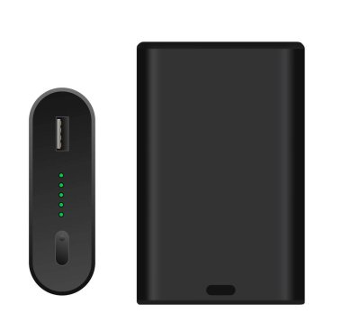 Elektronik alet ve cihazların pillerini şarj edip dolduruyorum. Tam şarjı sembolize eden yeşil ışıkları olan izole güç bankası. Telefonlar için USB girişi ve çıktıları. Düz biçimli bir vektör