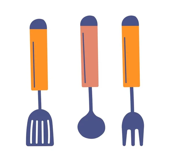 Кулинарная Ложка Вилка Лопатка Ручкой Изолированные Кухонные Принадлежности Приготовления Блюд — стоковый вектор