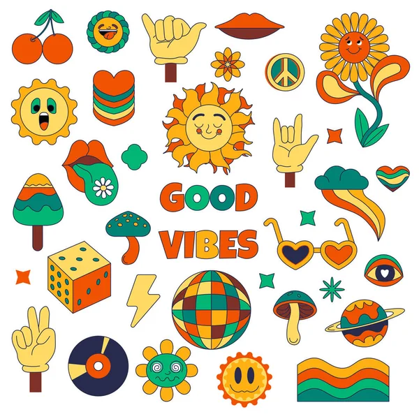 Καλές Δονήσεις Απομονωμένα Αυτοκόλλητα Και Μπαλώματα Πολύχρωμα Emoticons Hippie Μόδα — Διανυσματικό Αρχείο