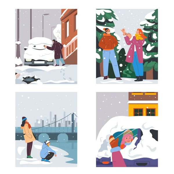 城市里雪地的街道 人们在外面玩耍 男人在车载玻璃上挂着微笑 在森林中捕捉雪花 观看结冰的湖水 探索城镇 矢量呈扁平型 — 图库矢量图片