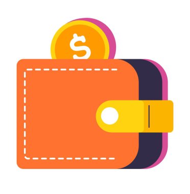 Deri çantada para, bozuk parayla izole edilmiş cüzdan. Amerikan doları, zenginlik ve finansal varlıklar. Biriktirmek ya da kazanmak, kar etmek ve fayda sağlamak. Düz biçim illüstrasyonunda ödeme vektörü