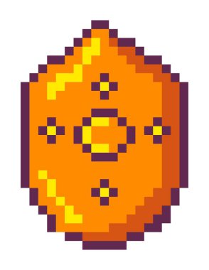 Şövalye için ortaçağ kalkanı, izole oyun arayüzü ve elementleri. Savaşçılar için pikselleştirilmiş ikonlar ve koruyucu zırhlar. Piksel sanat, 8 bit retro grafik, eski oyun tasarımı. Düz biçimli vektör