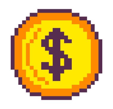 Altın para, izole oyun salonu ya da turnuva arayüzü elementleri. Detayları oyna, üzerinde Amerikan doları işareti olan nakit para. Piksel sanat, 8 bit retro grafik, eski oyun tasarımı. Düz illüstrasyonda vektör