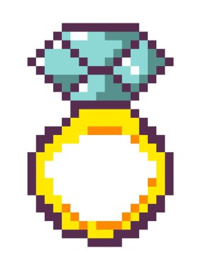 Altın yüzüklü elmas ya da parlak. Prenses için izole edilmiş pikselli mücevherler. Oyun ya da turnuva arayüzü ve elementleri. Piksel sanat, 8 bit retro grafik, eski oyun tasarımı. Düz biçimli vektör