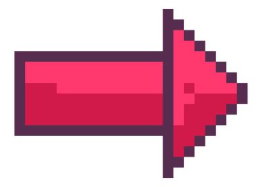Navigasyon işareti, atari salonu ya da turnuvada yolunu gösteren izole edilmiş pikselli ok. Arayüz ya da oyun elemanları, detaylar. Piksel sanat, 8 bit retro grafik, eski oyun tasarımı. Düz illüstrasyonda vektör