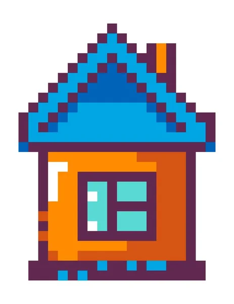 煙突と家 生活のための隔離されたシンプルな建物の住宅建設 アーケードインターフェイスとシーンの装飾 ピクセルアート 8ビットレトログラフィック 古いゲームデザイン 平型ベクトル — ストックベクタ