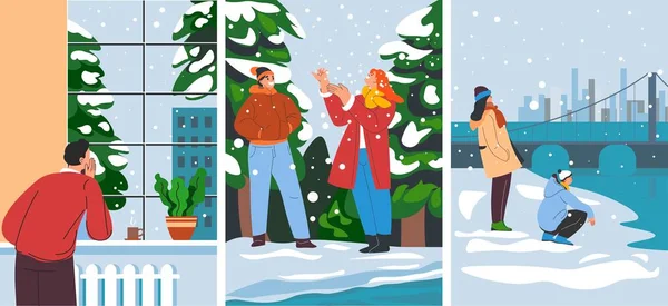 Sokaklar karla kaplı, bir fincan kahveli adam pencereden dışarı bakıyor ve ev sıcaklığının tadını çıkarıyor. Kar altında ayakta duran bir çift. Adam ve kadın donmuş göl veya nehrin kenarında oturuyorlar. Düz biçimli vektör