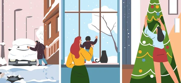人们喜欢过冬 准备度假和装饰圣诞树 看着窗外的暴风雪 走在外面多雪的街道上 妈妈和孩子带着宠物 矢量呈扁平型 — 图库矢量图片