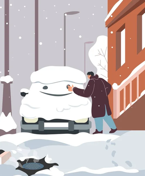 Personaje Masculino Dibujando Cara Sonriente Coche Cubierto Nieve Vacaciones Invierno — Vector de stock