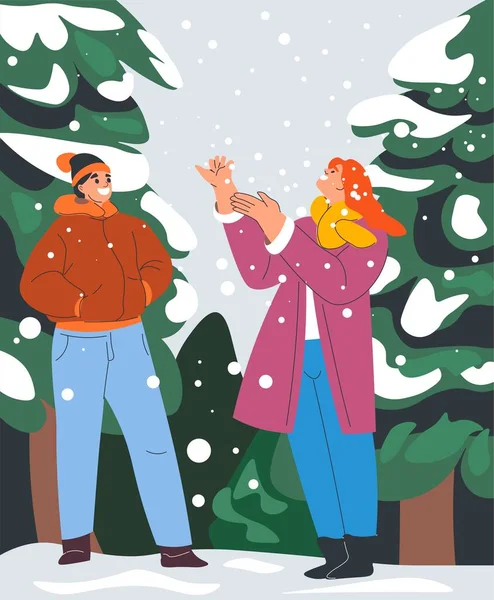 Man Woman Glad See First Snow Man Woman Forest Woods — Stock Vector