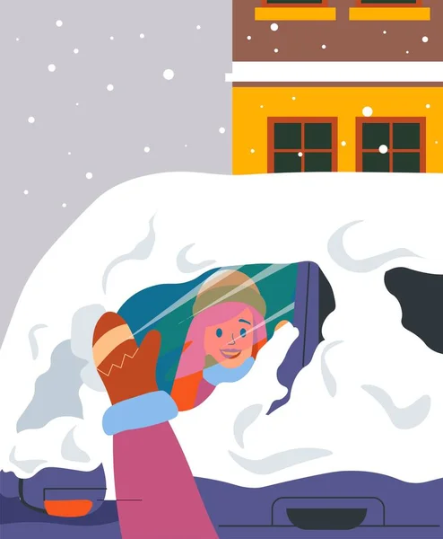 雪の厚いカバーから子供車のガラスを拭く 冬の季節と外での楽しみ 子供たちは街で屋外で遊んで 霜が降り寒さ屋外で ニットのミトンを着た女の子 平型ベクトル — ストックベクタ