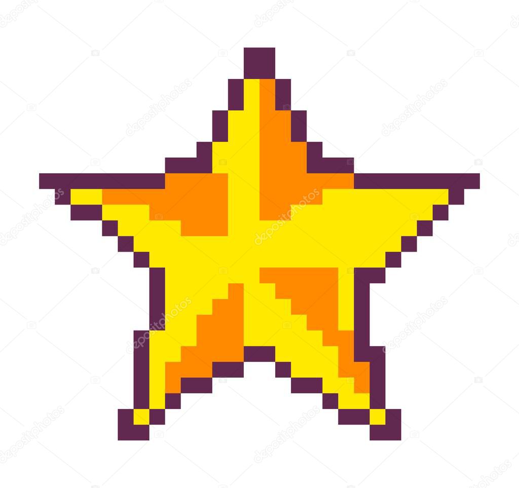 Star shaped figure, isolated pixelated object for arcade. Reward or experience gaining, obtain award in tournament. Celestial body pixel art, 8 bit retro graphics, old game design. Vector in flat
