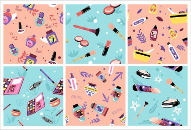 Güzellik ürünü elementi ile dekoratif desen oluşturuldu. Kadın kozmetiğiyle arka plan dekorasyonu, vektör illüstrasyonu. Şablonsuz element koleksiyonunda krem, fırça, göz falı paleti