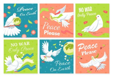 Sosyal medyada güvercin kuşuyla barış konsepti. Kuş uçuşlu ağ web sayfası koleksiyonu, dünya barışı işareti, vektör illüstrasyonu. Savaş yok, özgür kubbe çevrimiçi post-design selamlaması
