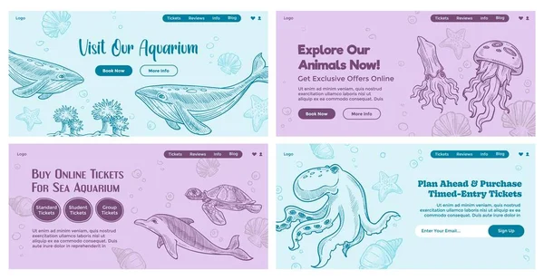 Sea Aquarium Promotie Bij Web Banner Set Design Verzameling Landingspagina — Stockvector