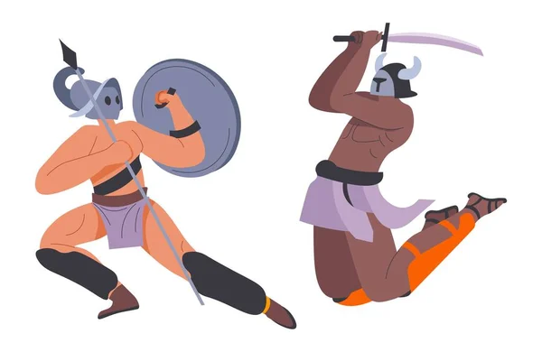 Sparring Duel Roman Gladiators Isolated Soldiers Shields Swords Attack Defense — 스톡 벡터