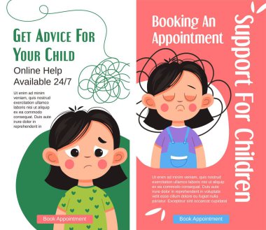 Booking appointments for support for children. Get advice for your kid. Psychiatrist and consultation, treatment of trauma, private session. Advertisement promotional banner, vector in flat style