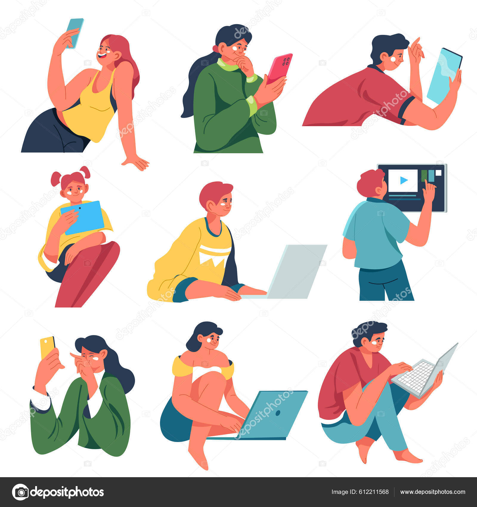 楽しさや教育のためのガジェットを使用して女性と男性の文字 スマートフォンやコンピュータ ノートパソコンやタブレットと隔離された男の子と女の子 子供たちはゲームをしたりビデオを見たりする  平型ベクトル ストックベクター ©Sonulkaster 612211568, image size:1600x1700
