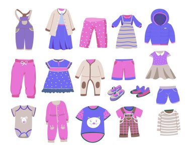 Yeni doğmuş bebek ya da bebek kıyafetleri ve kızlar için kıyafet. Ayrı elbiseler, tulumlar, tulumlar ve botlar. Süveterli şort ve pantolon ve küçük hanımlar için gömlekler. Düz biçimli vektör