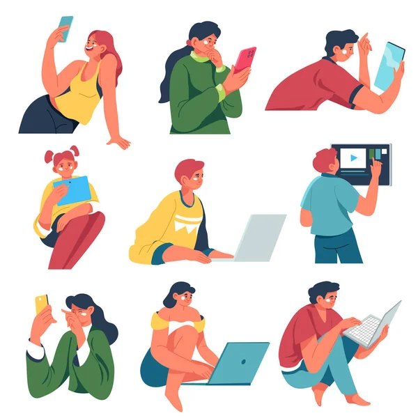 Kadın ve erkek karakterler eğlence ya da eğitim için alet kullanıyorlar. Akıllı telefonları, bilgisayarları, laptopları ve tabletleri olan izole çocuklar. Çocuklar oyun oynar ve video izlerler. Düz biçimli vektör