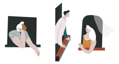 Pencereden dışarı bakan, düşünceli insanlar birini bekliyor. Düşünceli erkek ve kadın karakterler, kapalı alanda düşünen yalnız ve üzgün karakterler. Evde olmak ya da ofiste gözlerini dikmek. Düz vektör