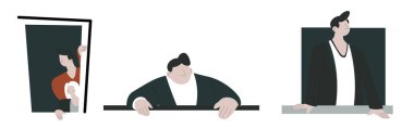 Pencereden dışarı bakan bir adam ve bir kadın, izole edilmiş insanlar dışarıda birini arıyor ya da gözetliyor. Erkek ve dişi bekliyor, dikizliyor ya da dikizliyor. Dışarıyı seyrediyorum. Düz biçim illüstrasyonunda vektör