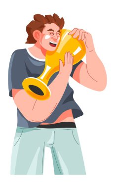 Neşeli erkek karakter ödül alıyor ve ödül alıyor. Başarı ve başarı, atletler için altın madalya yarışması. Zafer şampiyonluğu. Düz biçimli vektör