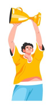 Erkek karakter turnuvalarda, şampiyonalarda, yarışmalarda ya da maçlarda ödül kazandı. Başarı ve başarılar için altın ödül, liderlik ve şampiyon seremonisi. Spor müsabakası. Düz biçimli vektör