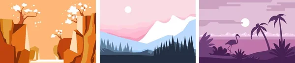 Mountain and tropical landscape, beach sunset and dusk, palm trees and flamingo bird. Range covered with snow, trees and nature of coast. Seaside resort and relaxation, wilderness. Vector in flat