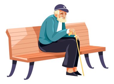 Parktaki ahşap bankta oturan son sınıf erkek karakter, elinde bastonuyla yürüyüp temiz havanın tadını çıkaran soyutlanmış büyükbaba. Rahatlayın ve rahatlayın. Büyükbaba yaşam tarzı ve dinlenme. Düz biçimli vektör