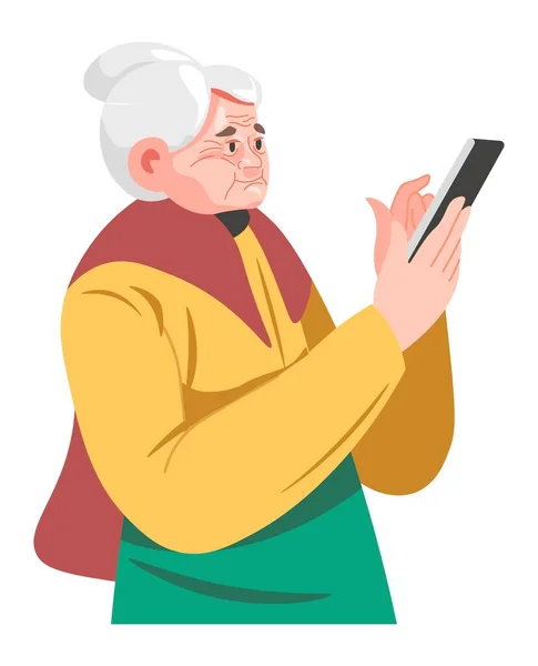 Starsza Postać Używająca Smartfona Rozrywki Starsza Pani Telefonem Komórkowym Ekran — Wektor stockowy