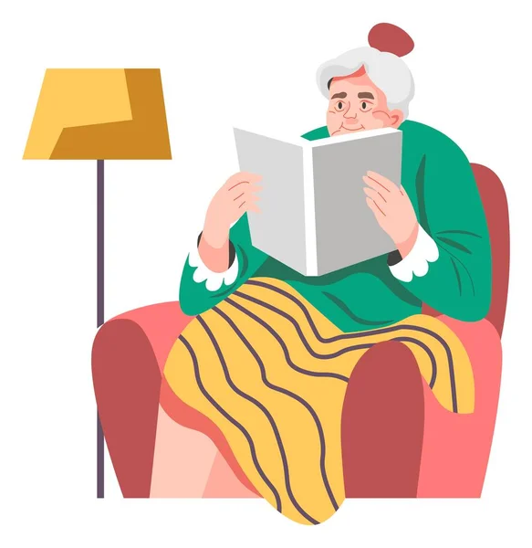Ηλικιωμένη Γυναίκα Διαβάζει Βιβλίο Καθισμένη Στην Πολυθρόνα Παλιό Γυναικείο Χαρακτήρα — Διανυσματικό Αρχείο