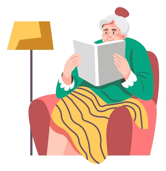 Mujer Mayor Leyendo Libro Sentado Sillón Antiguo Personaje Femenino Con — Vector de stock