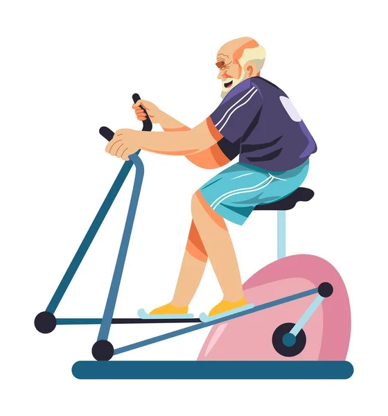 健美的老年人在健身房做运动和运动 自行车做有氧锻炼 祖父业余爱好和闲暇时间 退休人员的娱乐 爷爷的生活方式和休息 矢量呈扁平型 — 图库矢量图片