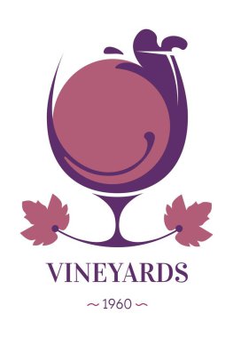 Şarap yapımı ve test, kaliteli alkollü şarap kadehi. İzole edilmiş içki serpintisi ve üzüm yaprağı. Fermantasyon ve koruma. Paket için amblem veya ürün için logotype. Düz vektör