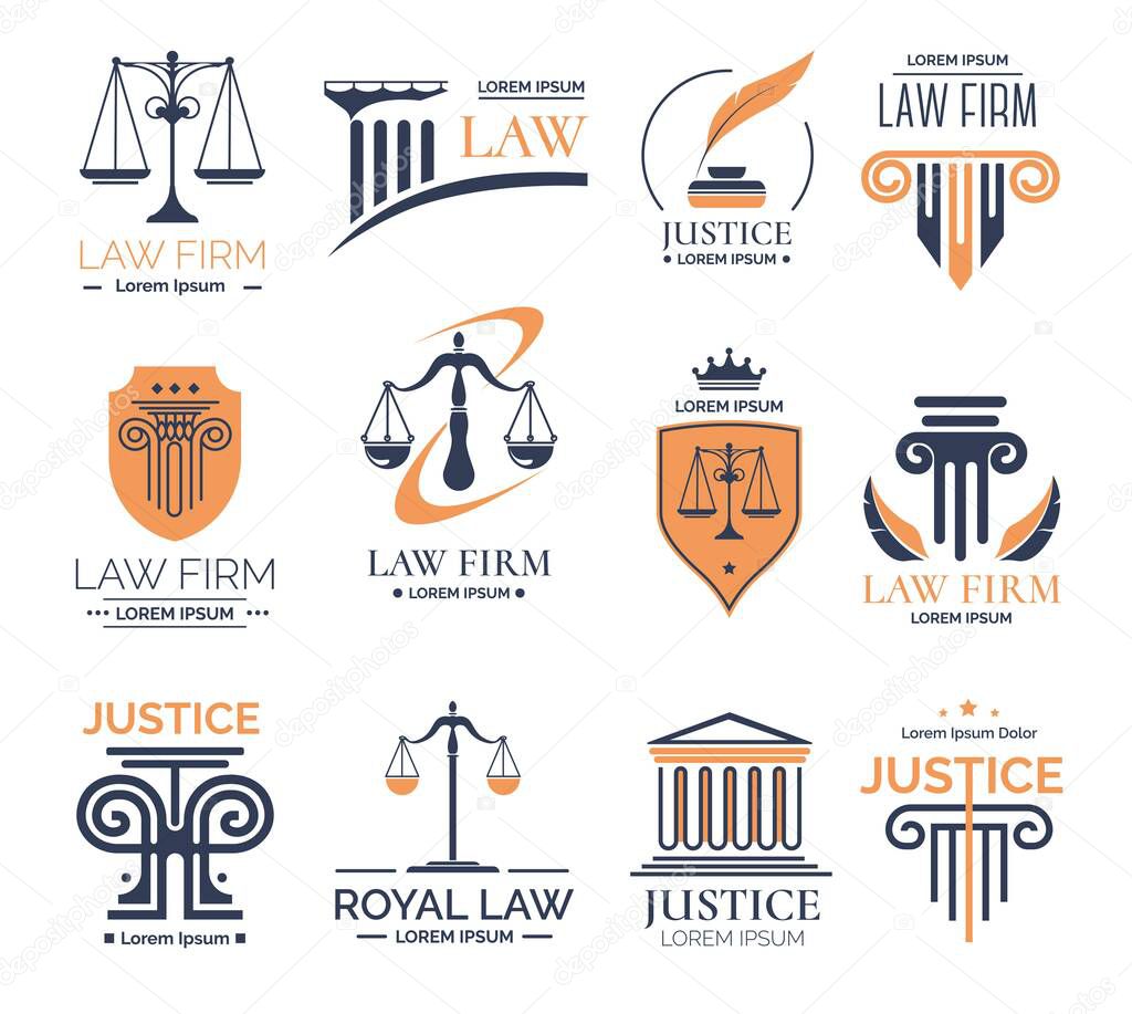 Legislation and law firm logotype or emblem, attorney and advocacy services. Signs with scale and justice, business school and judicial system education labels for judges. Vector in flat style