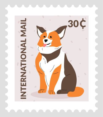 Corgi international mail and correspondence. Postmark with canine animal, pet or mammal with cute muzzle sticking out tongue. Post mark or card, stamp for letter with price. Vector in flat style clipart