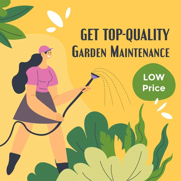 園芸サービスは あなたの植物や芝生のための最高品質の庭のメンテナンスとケアを取得します 忠実な顧客のための低価格と割引 庭で花や茂みに水をやる 平型ベクトル — ストックベクタ