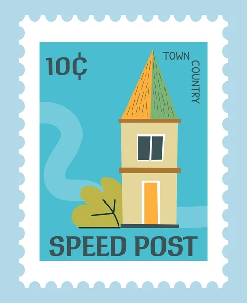 Cachet Postal Carte Postale Avec Bâtiment Architecture Livraison Express Rapide — Image vectorielle