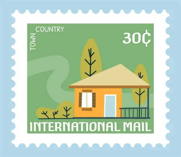 Ταχυδρομική Σφραγίδα Αρχιτεκτονική Διεθνής Ταχυδρομική Κάρτα Τοπία Και Σπίτια Δέντρα — Διανυσματικό Αρχείο