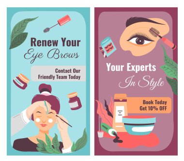 Modaya uygun uzmanlarınız, kaşlarınızı yenileyin, dost ekibimizle iletişime geçin ve bugün% 10 indirim alın. Spa salonunun reklam pankartları ya da kadın bayanlar için güzellik merkezleri. Düz biçimli vektör